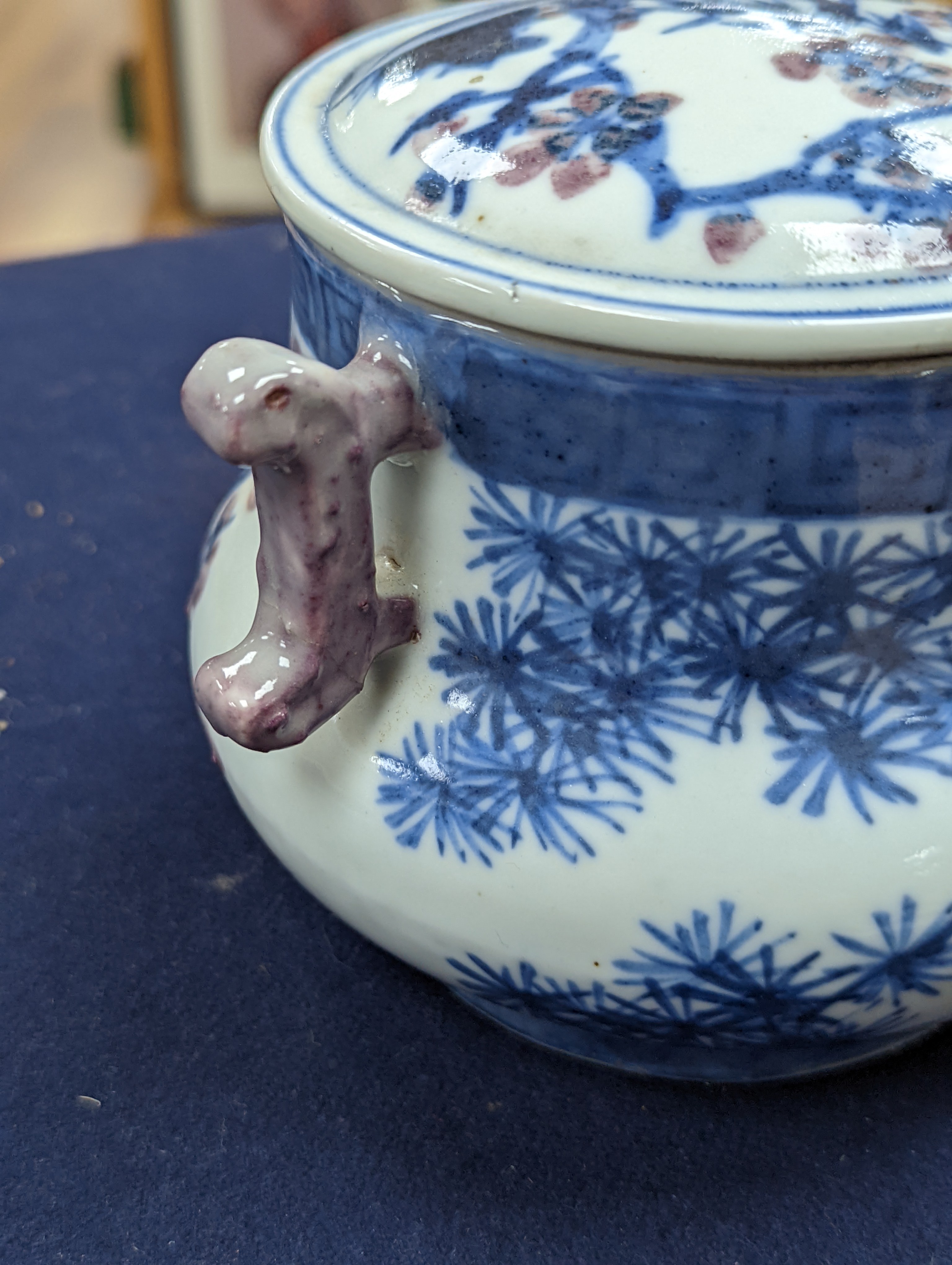 A Chinese underglaze blue and copper red jar and cover, Xuande six character mark but later 12cm